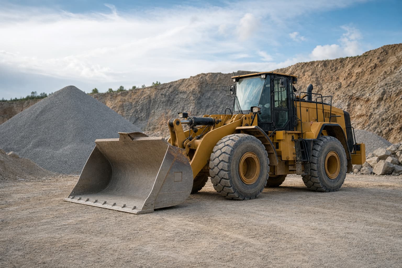 A wheel loader at work in a quarry